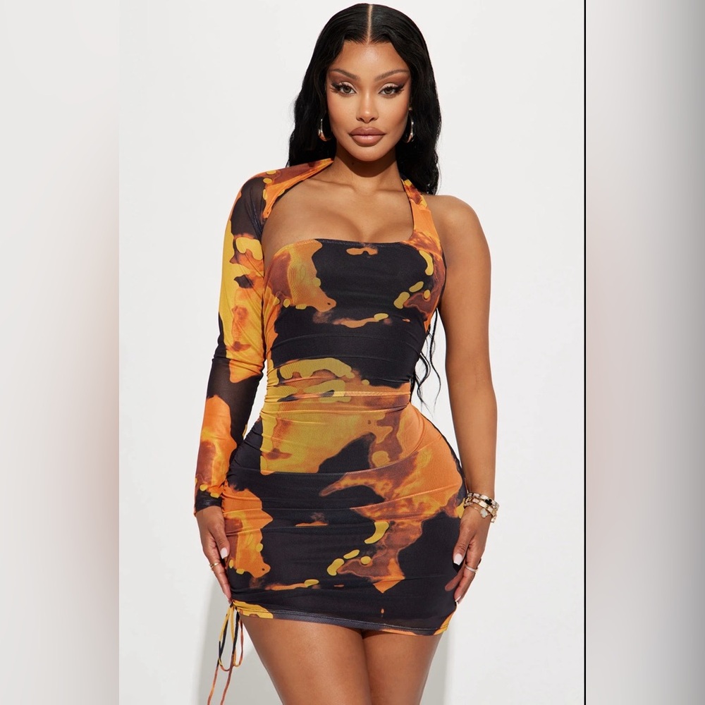 FASHION NOVA One-Shoulder Orange and Black Dress